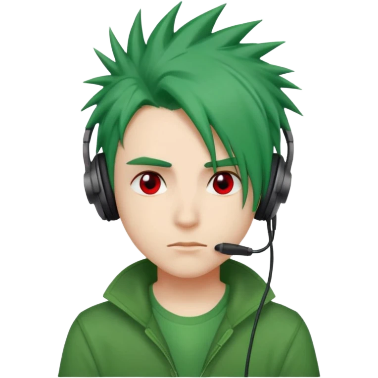 chico pelo medio largo ojos rojos y una camisa verde pelo tipo spike y unos audifonos emoji