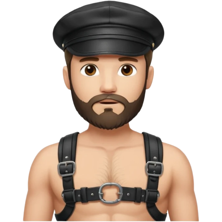 a bearded, leather Dom with a black leather cap and black chest harness over a naked chest emoji