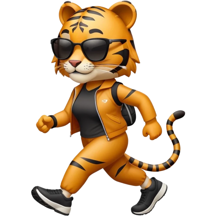 female energetic anthropomorphised tiger in sports clothes, wearing dark sunglasses, walking upright emoji