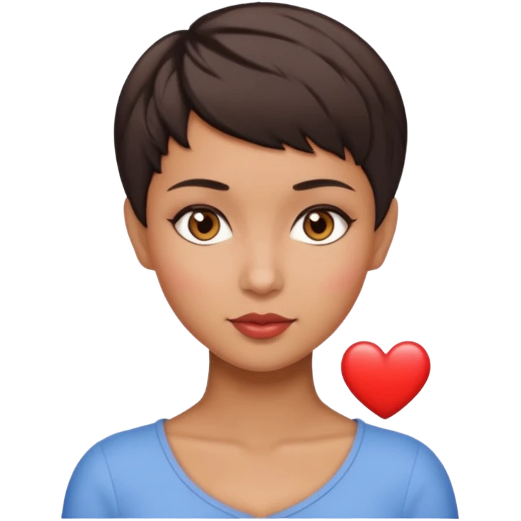woman pixie cut dark brown hair, tan skin, brown eyes, heart shaped face emoji