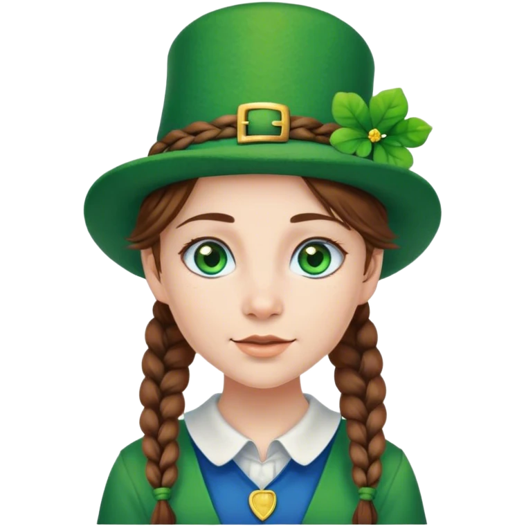 Girl with brown hair in braids and blue eyes wearing a green leprechaun hay emoji