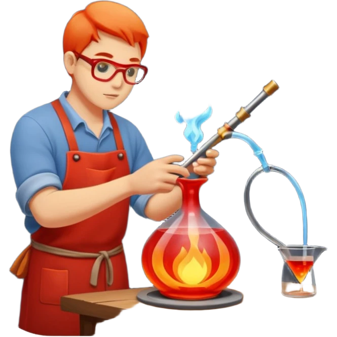 Glassblowing and casting icon, artisan shaping molten glass with a blowpipe, glass being poured into a mold, glowing red-hot glass, delicate patterns, minimalistic style, clean lines, transparent background. emoji