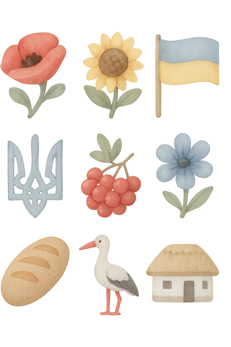 3D icon set in watercolor illustration style: poppy, sunflower, Ukrainian flag, trident, viburnum, cornflower, bread, stork, Ukrainian house. 2x3 grid, transparent background, artistic brush strokes, pastel colors, light graininess, uneven edges, handmade effect, camera angle 25°. emoji