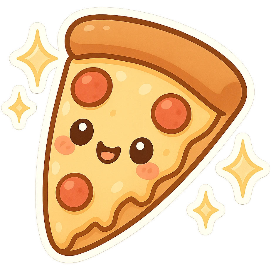 chibi sticker-style slice of pizza with sparkles, cute and exaggerated emoji