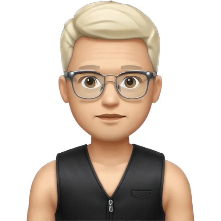 Man from the shoulder up, facing the audience. Wearing a black vest and AR glasses that look like google glasses.  emoji