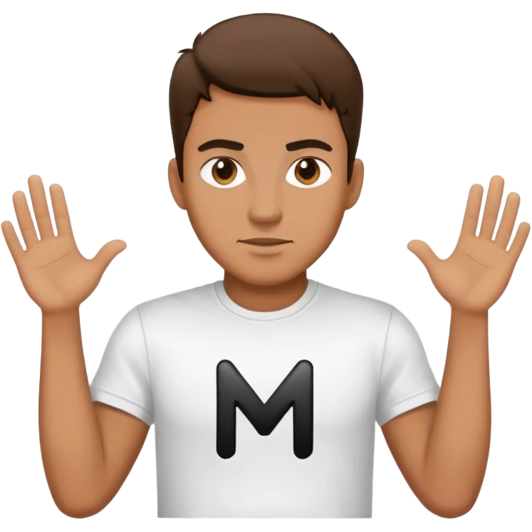 A surprise man wearing a white t-shirt with a big black M on the t-shirt  emoji