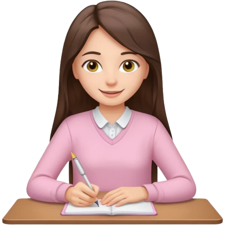 smiling long brunette hair girl hazel eyes wearing light pink clothes writing emoji