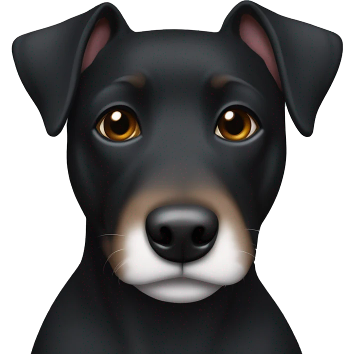 A black Patterdale Terrier dog with a white patch on its chest and brown eyes. emoji
