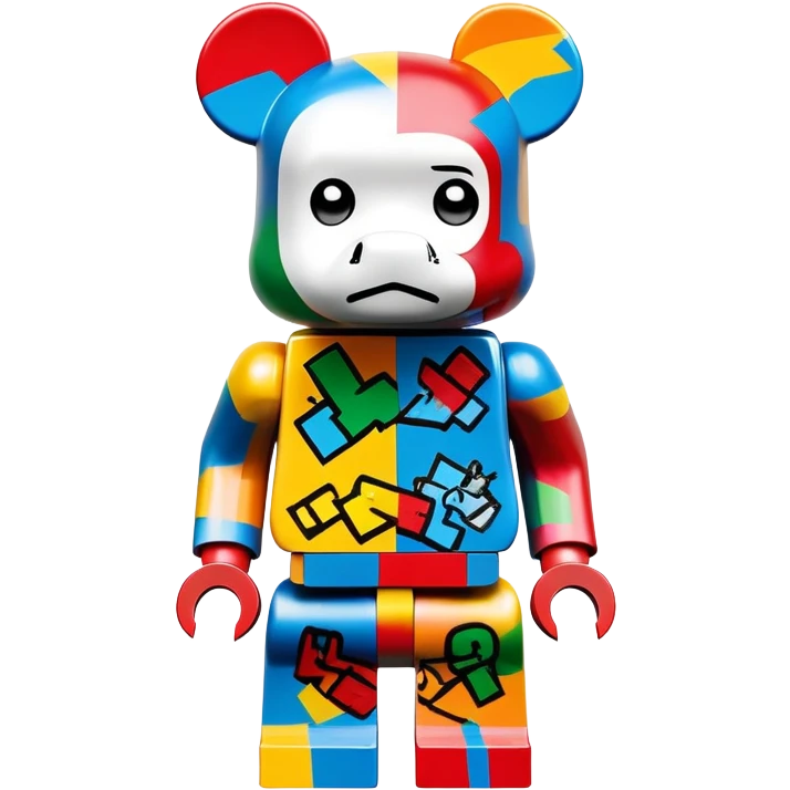 Lego bearbrick covered in colorful graffiti art, X symbols for eyes, blocky Lego aesthetic, spray paint style emoji