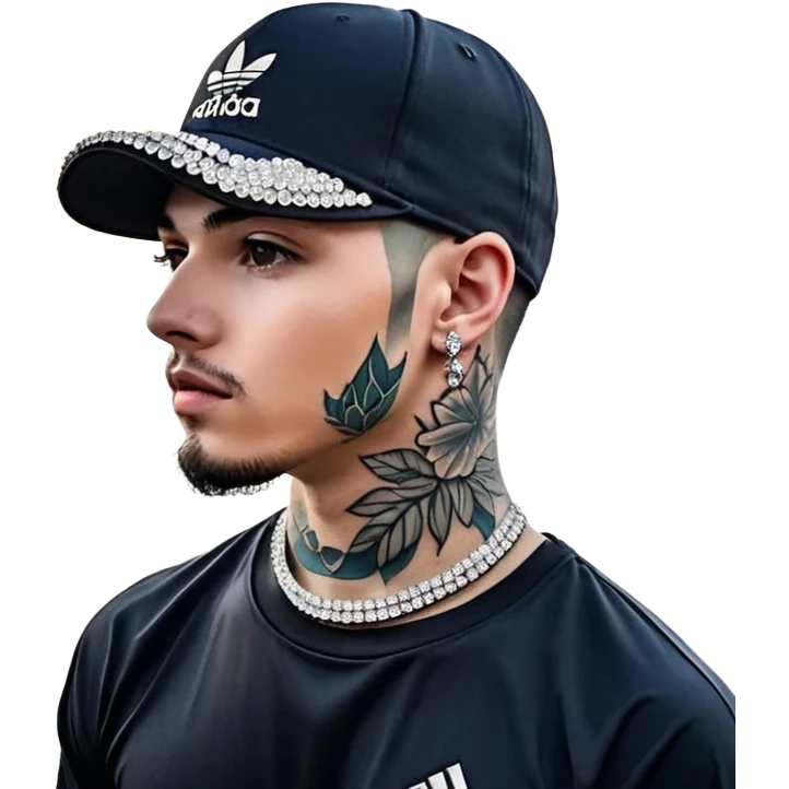 🥷🏻 crea un emojin de como el que está ay pero con gorra marca adida y un collar de diamantes ponle tatuaje en la cara y en la boca ponle brazos qué sea onbre y que se parezca ah este emojin🥷🏻🥷🏻🥷🏻 hombre emoji