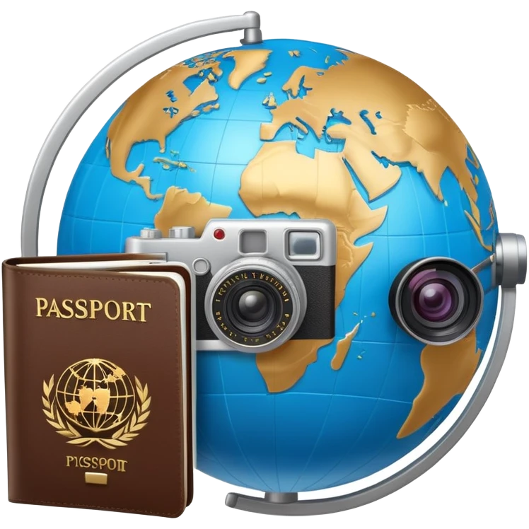 Globe with passport and camera, world travel emoji