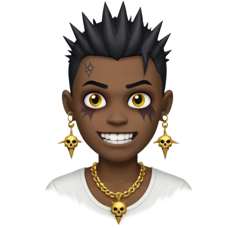 zombie boy with spiky emo black hair and white shirt , tattos, a risk on the eyebrow, earings,  a necklace emoji, with gold grills in his mouth and he’s smiling, change skin color to darkskin emoji