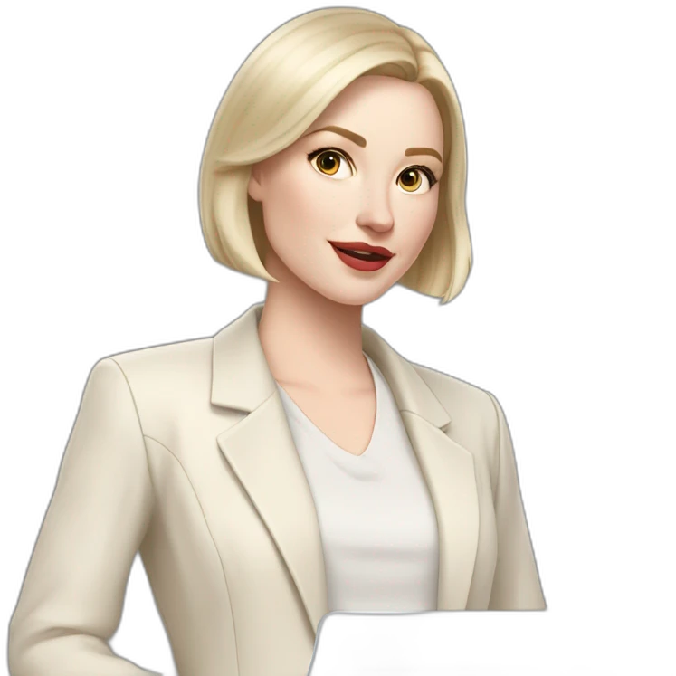 pale skin woman with ash blonde Straightened bob Hair, White Spacious classical jacket, beige palazzo Arrow pants and gray blouse holding a MacBook in the hands emoji