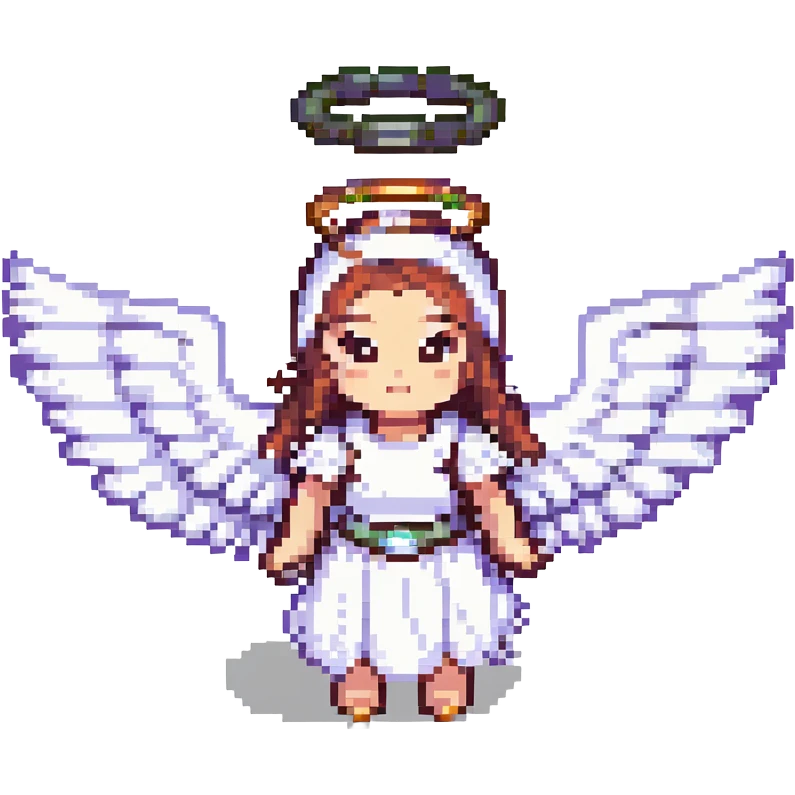 white angel girl, pixel art style, small wings, simple halo, cute expression emoji
