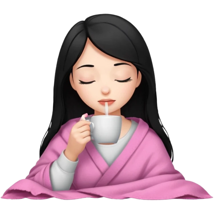 black haired girl inside a pink blanket sipping coffee with eyes closed and lashes emoji