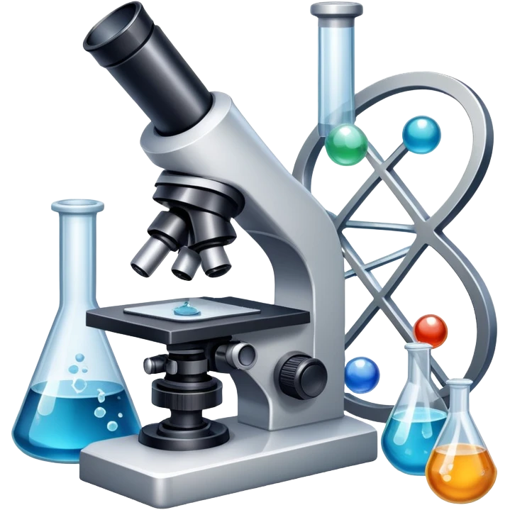 An icon featuring a microscope, a metal sample, and atomic structure symbols, symbolizing materials science. The design includes crystal lattices, polymers, and lab tools, representing the study of material properties and engineering. Transparent background highlights scientific analysis and innovation. emoji