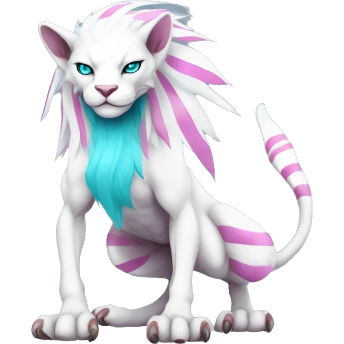 White elegant beautiful natural cute badass epic anthro modern albino vernid-Fakémon with cyan mane and magenta eyes with cyan edgy stripes, full body emoji