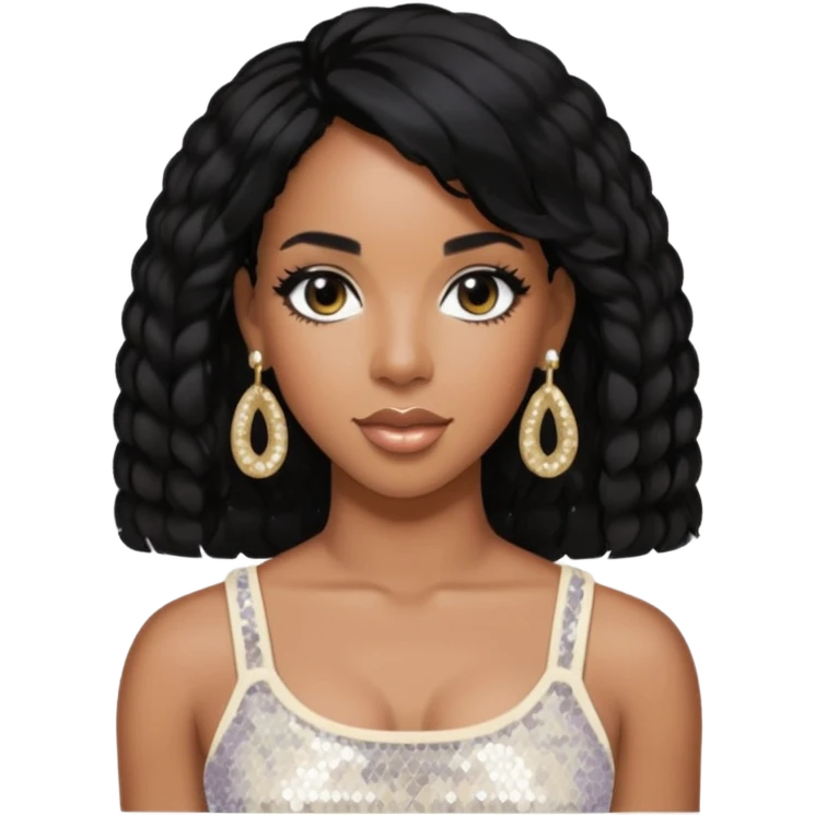Kelly Rowland with black hair, ivory sequin crop top, ivory earring emoji