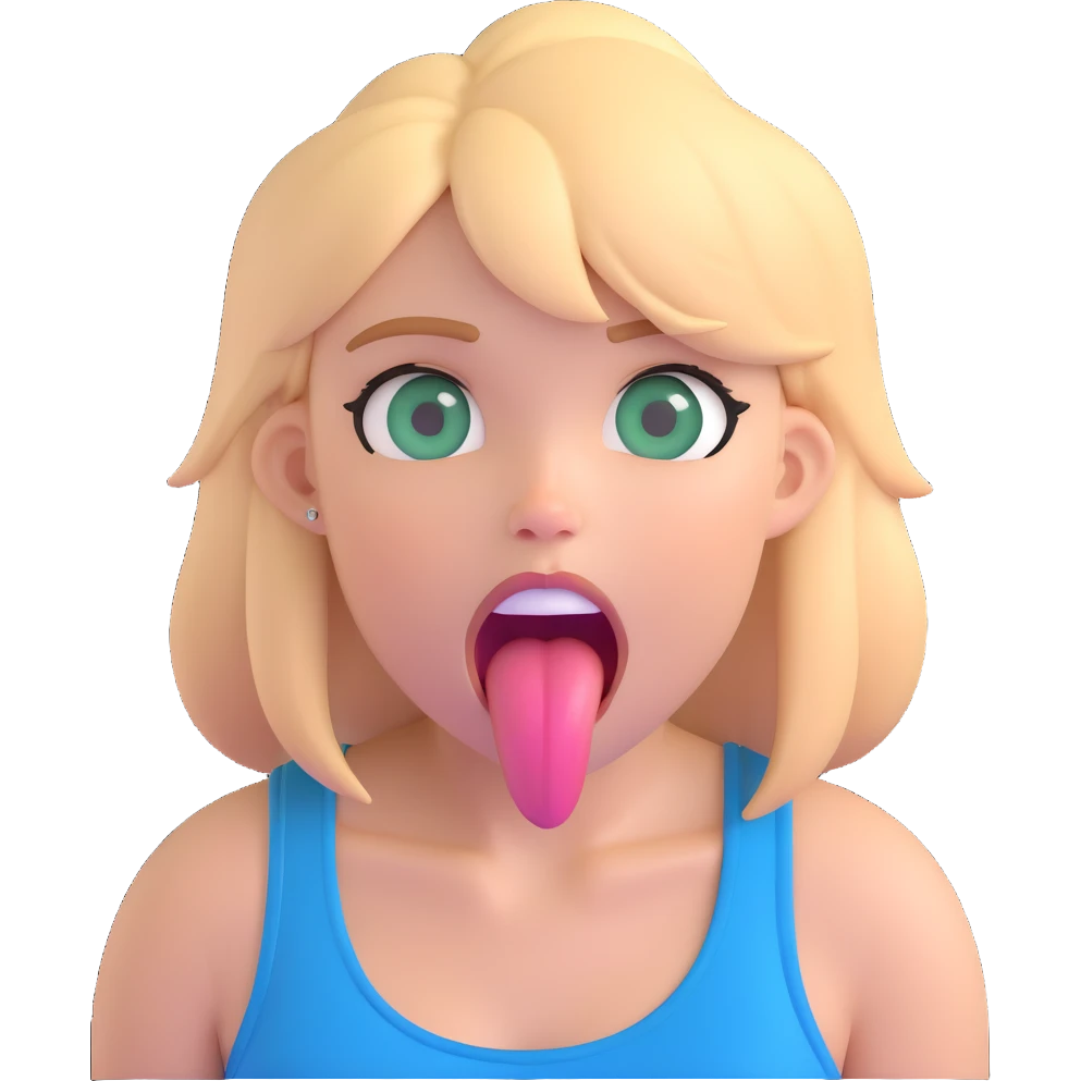 dirty blonde girl with blueish green eyes, black tank top, sticking tongue out and drooling emoji