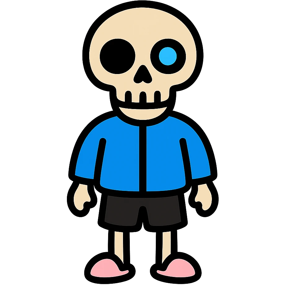 color outline icon of short skeleton with blue jacket, black basketball shorts, light pink slippers, blue glowing left eye emoji