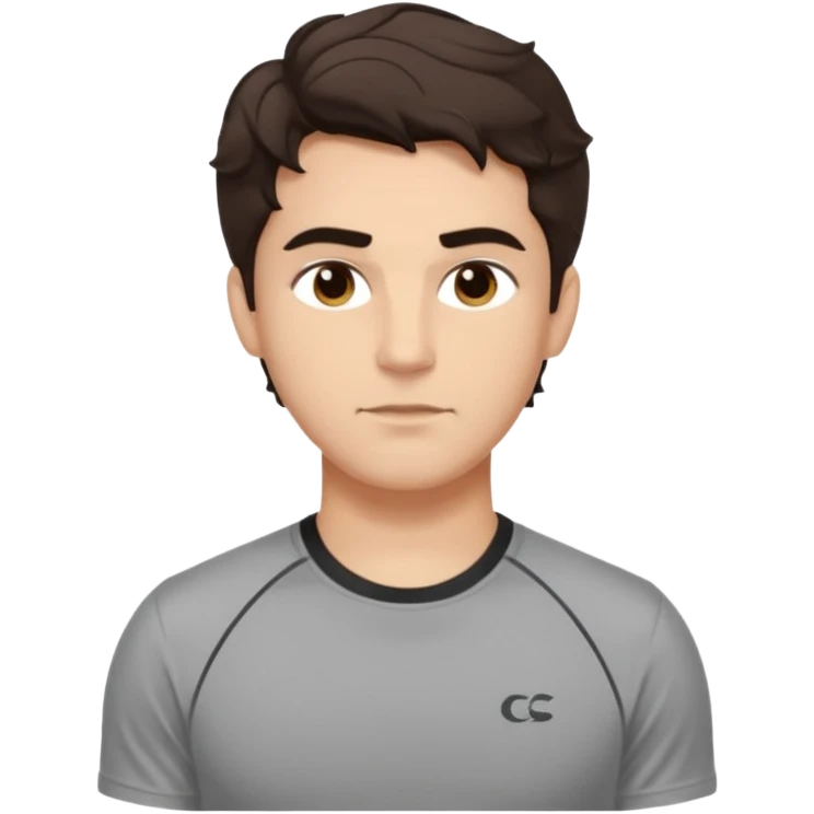 He’s a man with light to medium skin, a defined oval face, full brows, deep-set eyes, and wavy short dark brown tall hair styled with height, sides are trimmed. expression calm and focused relaxed gym training shirt. polished, articulate, and coach vibe. personal development emoji