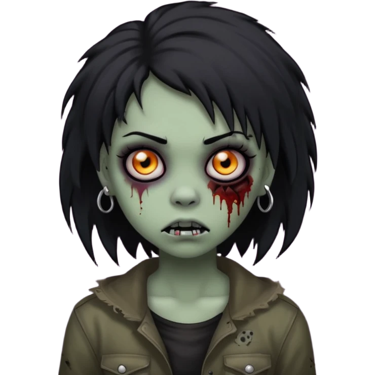 girl, zombie, black coily hair, medium long, emo, shaggy, dark, spooky, piercing on eyebrow, creepy blank expression emoji