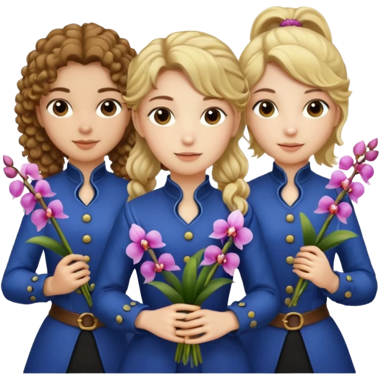 3 female musketeers, one with brown curly hair, one with straight blond hair, one with blond hair in pony tail, all holding orchids emoji
