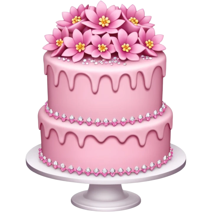 Three layer pink cake adorned with overflowing pink flowers and crystals  emoji