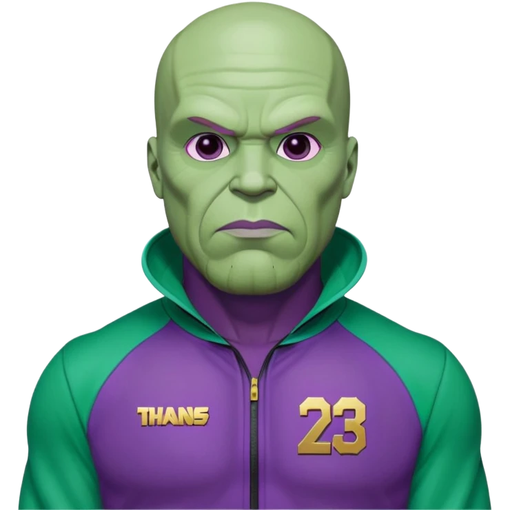 purple-skinned Thanos wearing a green Squid Game player tracksuit with number 230 emoji