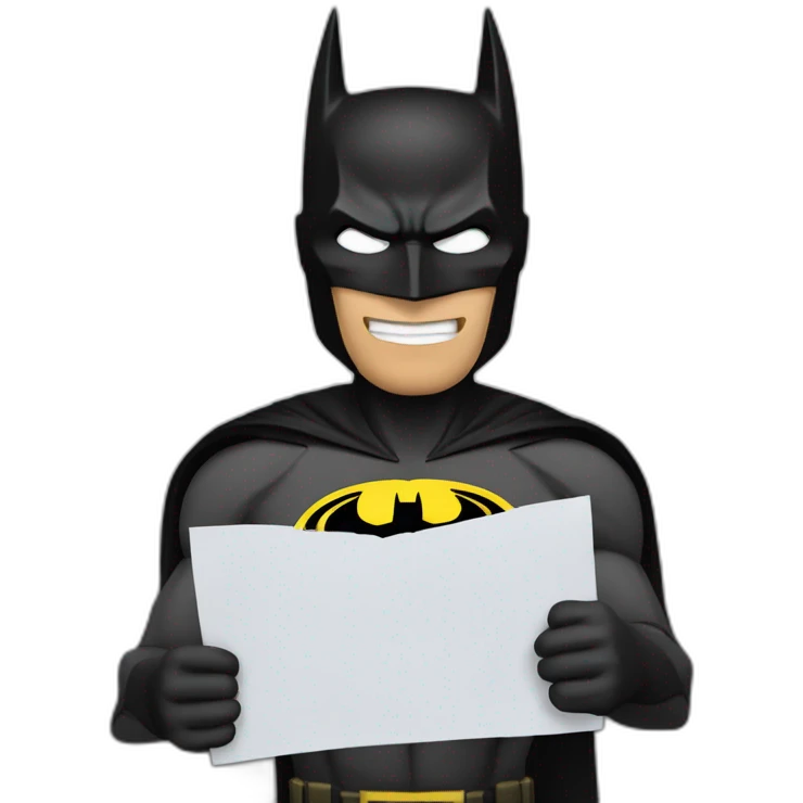 The image depicts a cartoon character dressed as Batman, holding a blank piece of paper. The background is black. emoji