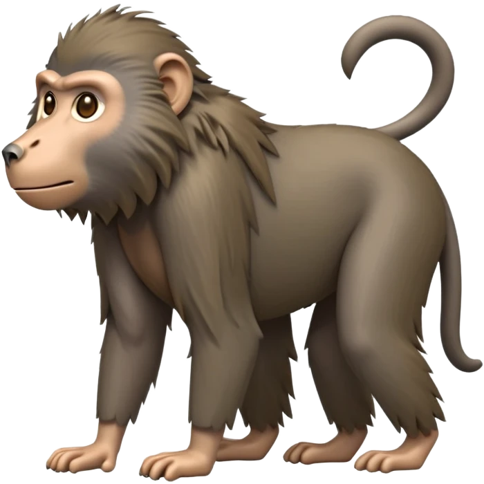 cinematic-hairy top half baboon-full-body-standing on all fours-emoji,-head-tilted-dramatically,-thick-grey-and-brown-fur,-simplified-yet-realistic-focused-features,-highly-detailed,-glowing-with-an-almost-sarcastic-glow expressive eyes, hairy mane emoji