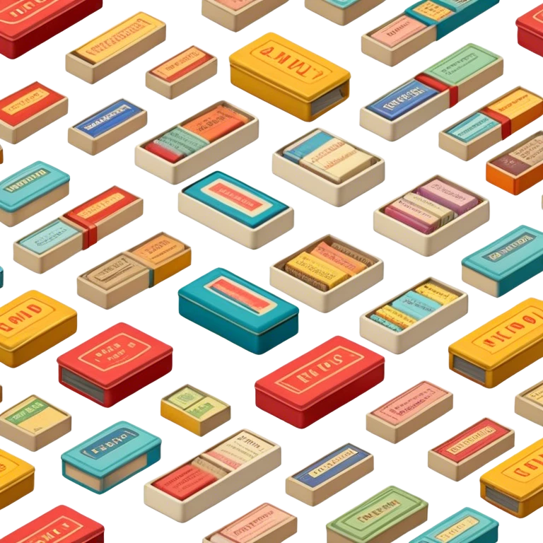 Icon for Matchbox Collecting: a collection of vintage and colorful matchboxes from different places, neatly displayed in a row or in a display case. The icon should reflect the uniqueness and diversity of matchbox collecting. Transparent background. emoji