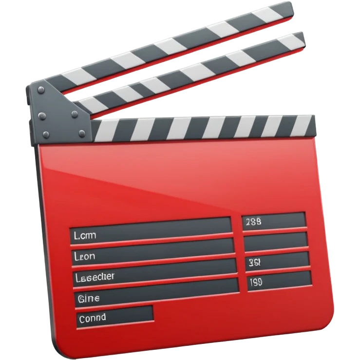 Glossy bright red clapperboard in the classic style of Apple icons: the top bar is tilted up-left, the body and bar with a deep glossy glare, dark gray edging, black background inside, perfectly square with rounded corners. emoji