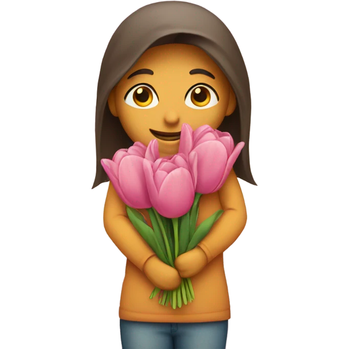 Shy emoji holding tulips to give to other person emoji