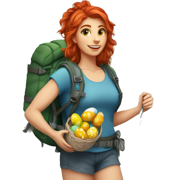 Greek flag background Female mountain climber red hair climbing with Greek flag on backpack and holding Easter eggs basket emoji