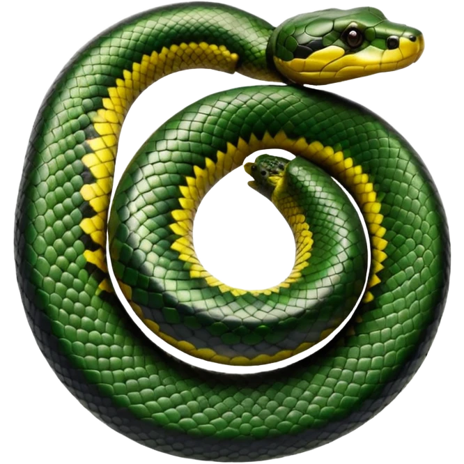 A photo-realistic top-down view of a Green Anaconda tightly coiled in a spiral, with its broad, flat head resting at the center. Its thick, muscular body is olive-green and covered in symmetrical, bold black oval spots that stand out against its smooth scales, creating striking natural camouflage. emoji