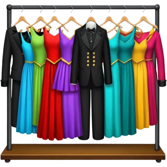 create a series of images for Theatre costumes Inventory showing a rack of costumes ready for performance emoji