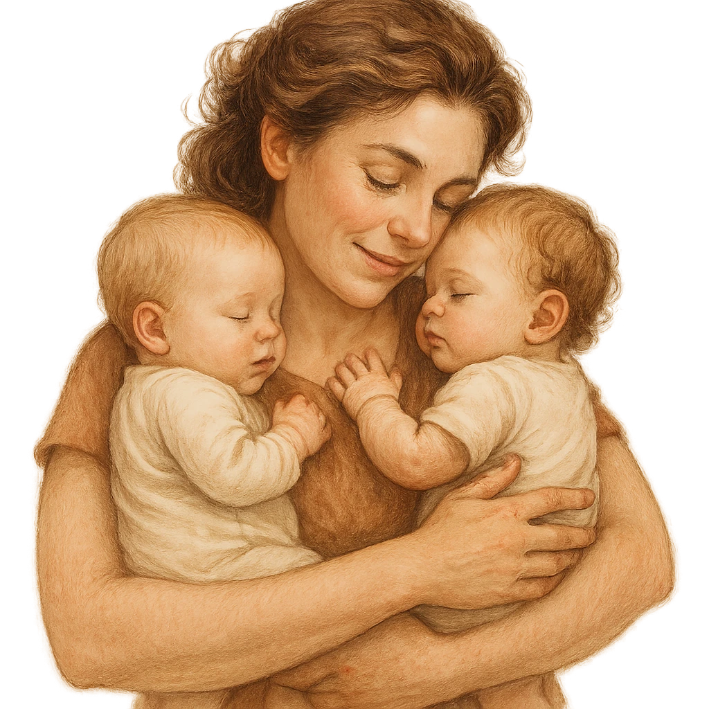 A detailed and expressive illustration of a mother hugging two babies, one on each arm. The mother has natural proportions, detailed faces and hair, soft lines, warm color palette, soft shadows and highlights, atmosphere of care and tenderness, realistic and warm style. emoji