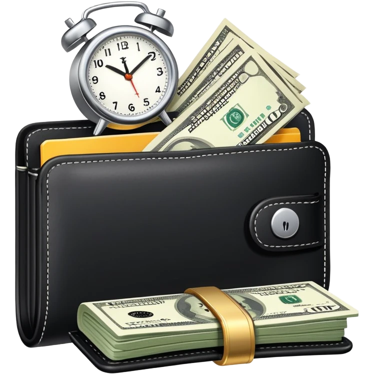 black wallet with dollar bills sticking out and a small clock in top right corner over the wallet emoji
