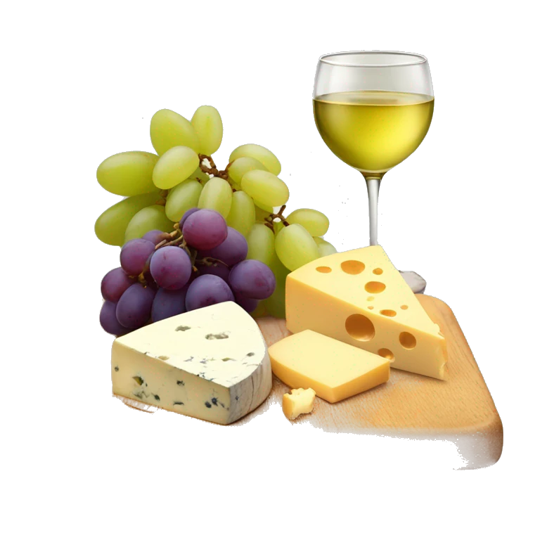Wooden board with different kind of cheese, grapes and a glass of white wine emoji