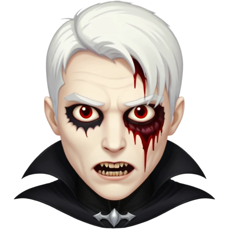 Creat a young man Vampire with white skin and white hair and full black vampire clothes and bloody eyes and long fangs and scary dead eyes emoji