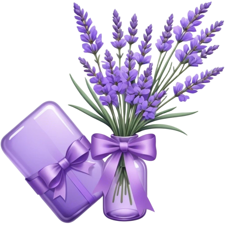 aesthetic bow in light purple , purple glass bottle and in it a beautiful bouquet of lavender emoji