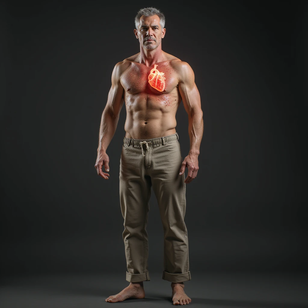 realistic adult man with simple clothing, body showing signs of autoimmune diseases: stylized heart highlighted, skin spots, swollen joints, vulnerable atmosphere, realistic details, clinical background, 4K quality emoji