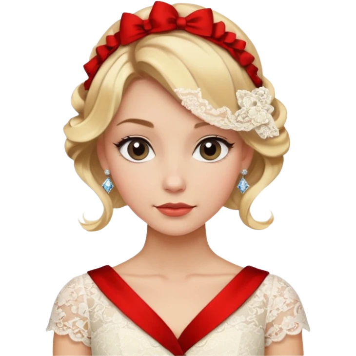 young elegant lady, wavy blonde hair in a low bun, lace dress, diamond studs, poised look emoji