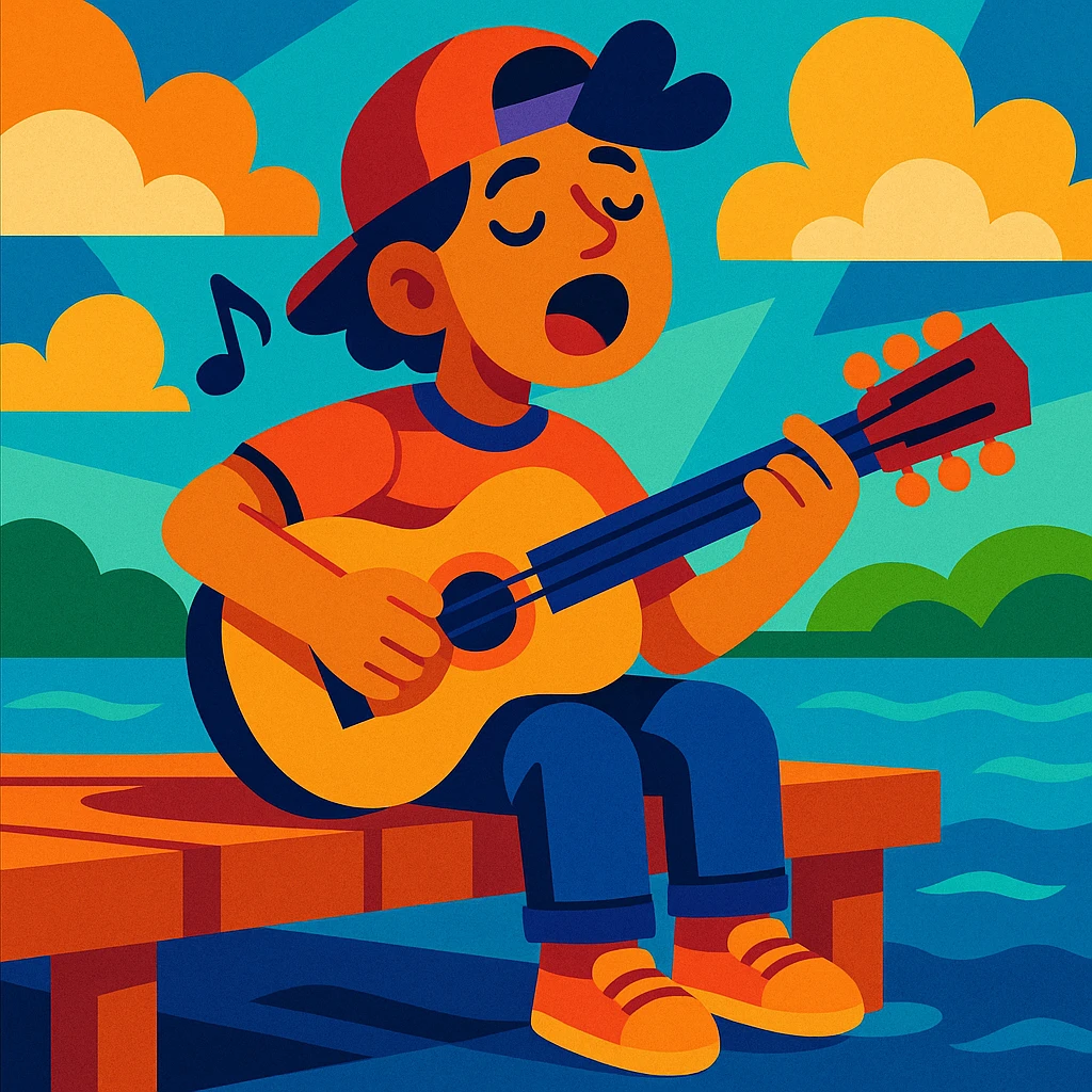 person sitting on a dock singing a song, vibrant toon style emoji