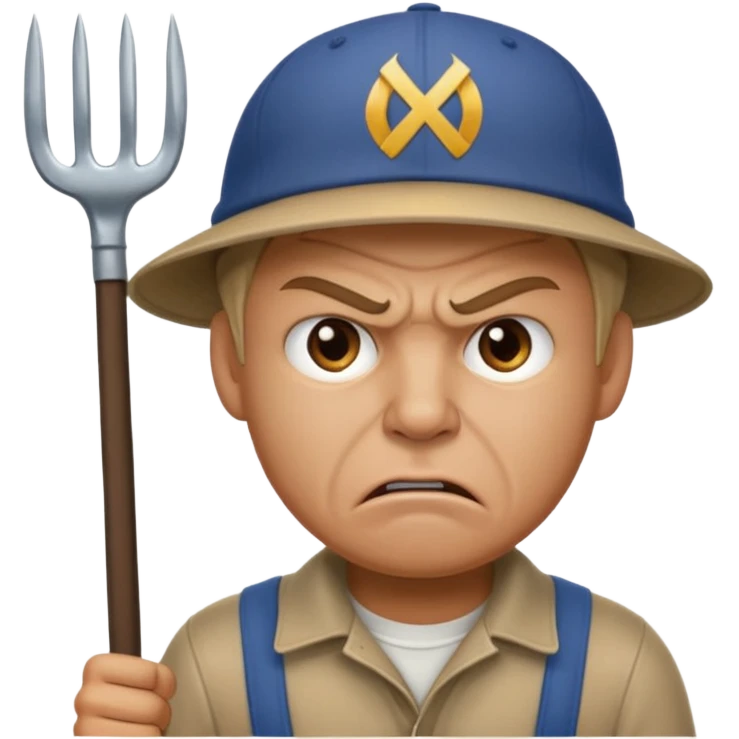 Angry man with a pitchfork and a cap that has a no symbol emoji