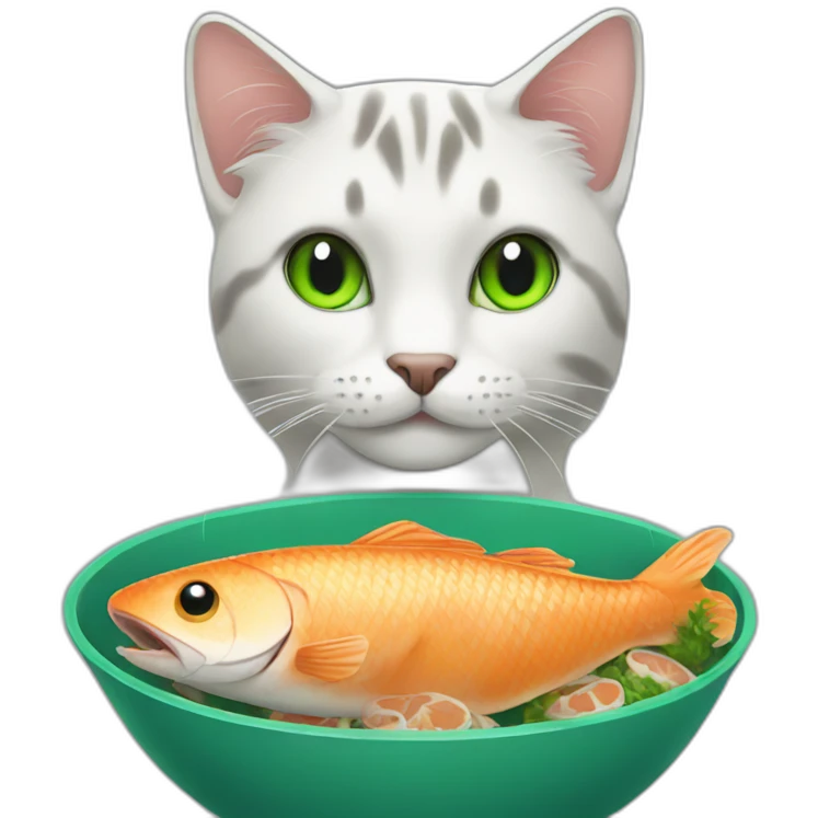 A cat with green eyes eats fish emoji