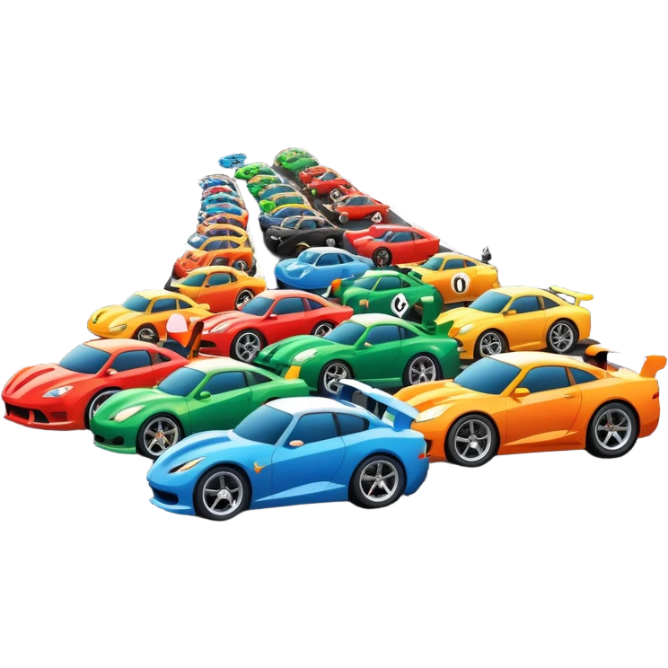 grandstands filled with cheering crowds, checkered flags waving, and traffic lights signaling the start, with a thrilling atmosphere of anticipation and speed. Sporty cars and motorcycles lined up at the starting line, ready to race, with a vibrant racetrack in the background. emoji