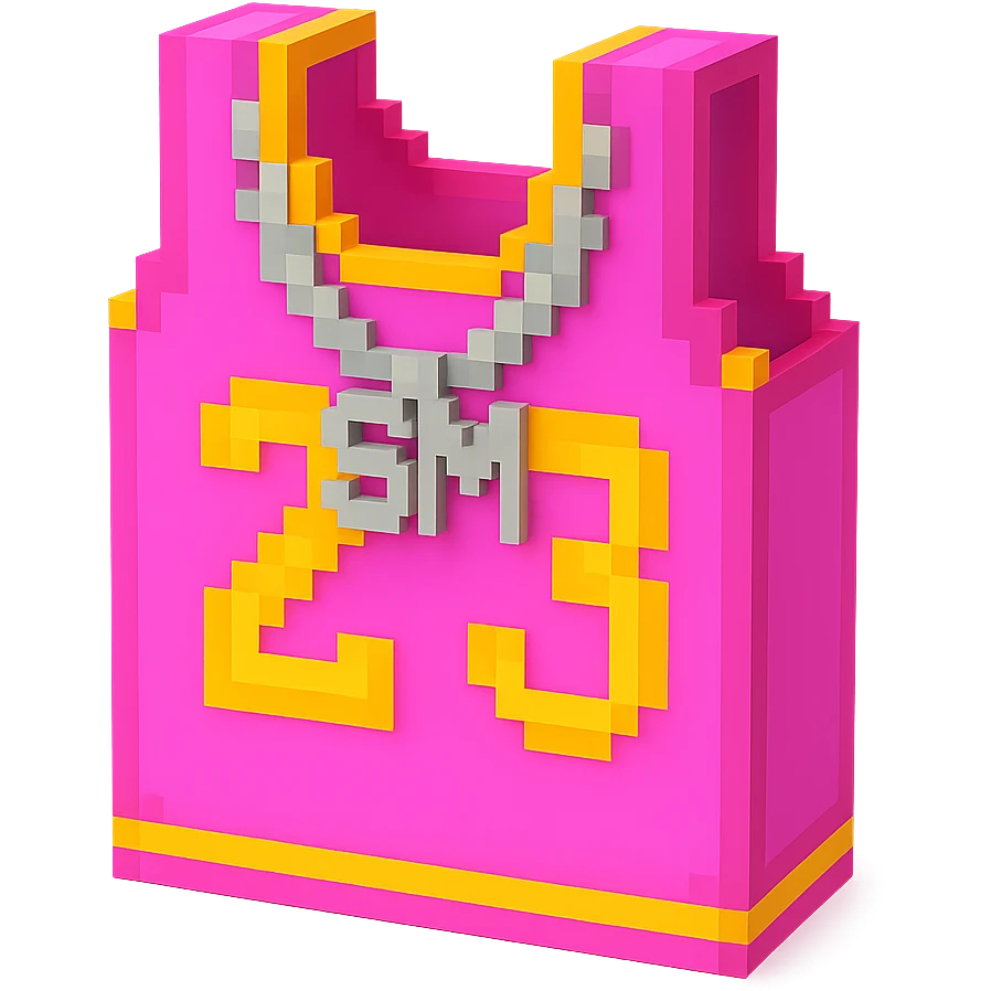 светящейся розовая баскетбольная майка с надписью "23" и серебряная цепь с надписью "SM", no background emoji