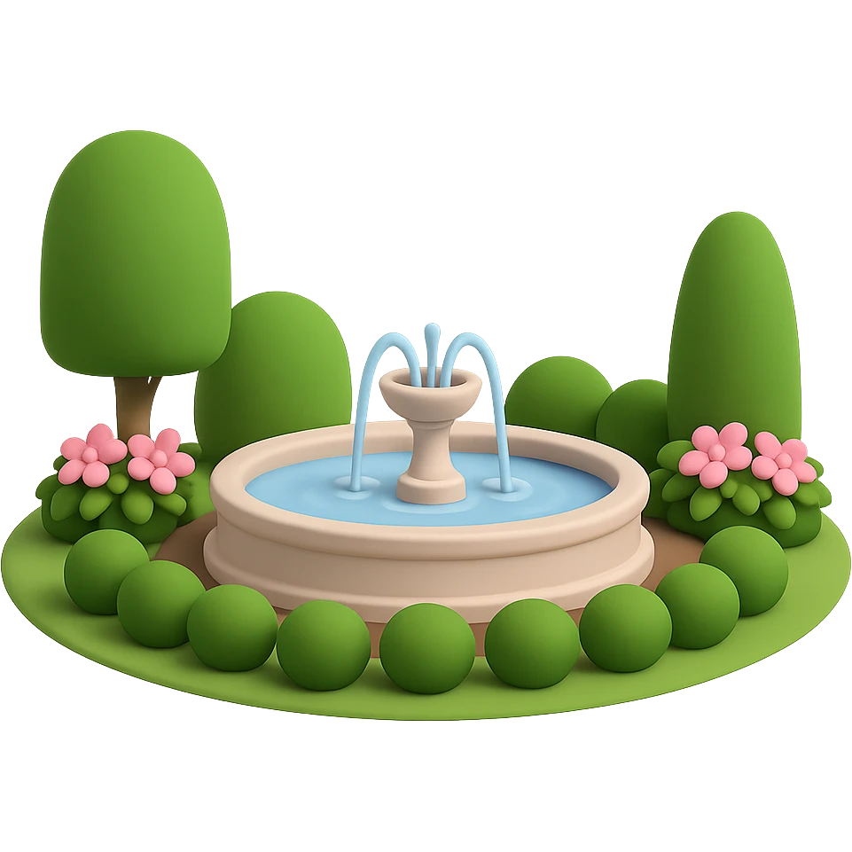 Remove the large pink bird sculpture, keep only the small yard with a fountain. The style requested is 3D emoji style, but since 3D emoji style does not support editing, please create the edit in a general style while respecting the 3D emoji look. Transparent background. emoji